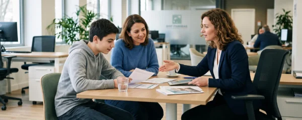 Un adolescent accompagné de son parent rencontre un conseiller bancaire autour d'un bureau dans une agence, consultant des documents pour l'ouverture d'un compte bancaire
