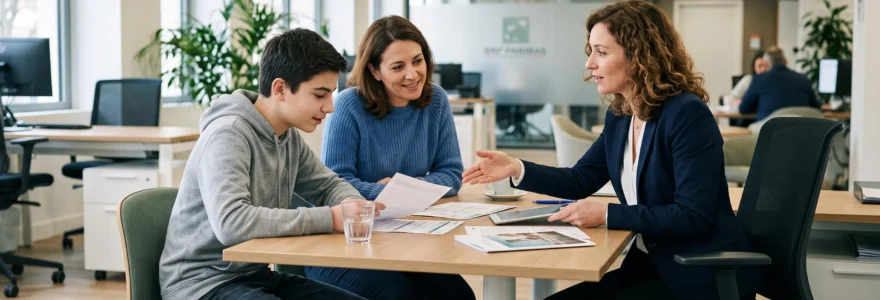 Un adolescent accompagné de son parent rencontre un conseiller bancaire autour d'un bureau dans une agence, consultant des documents pour l'ouverture d'un compte bancaire