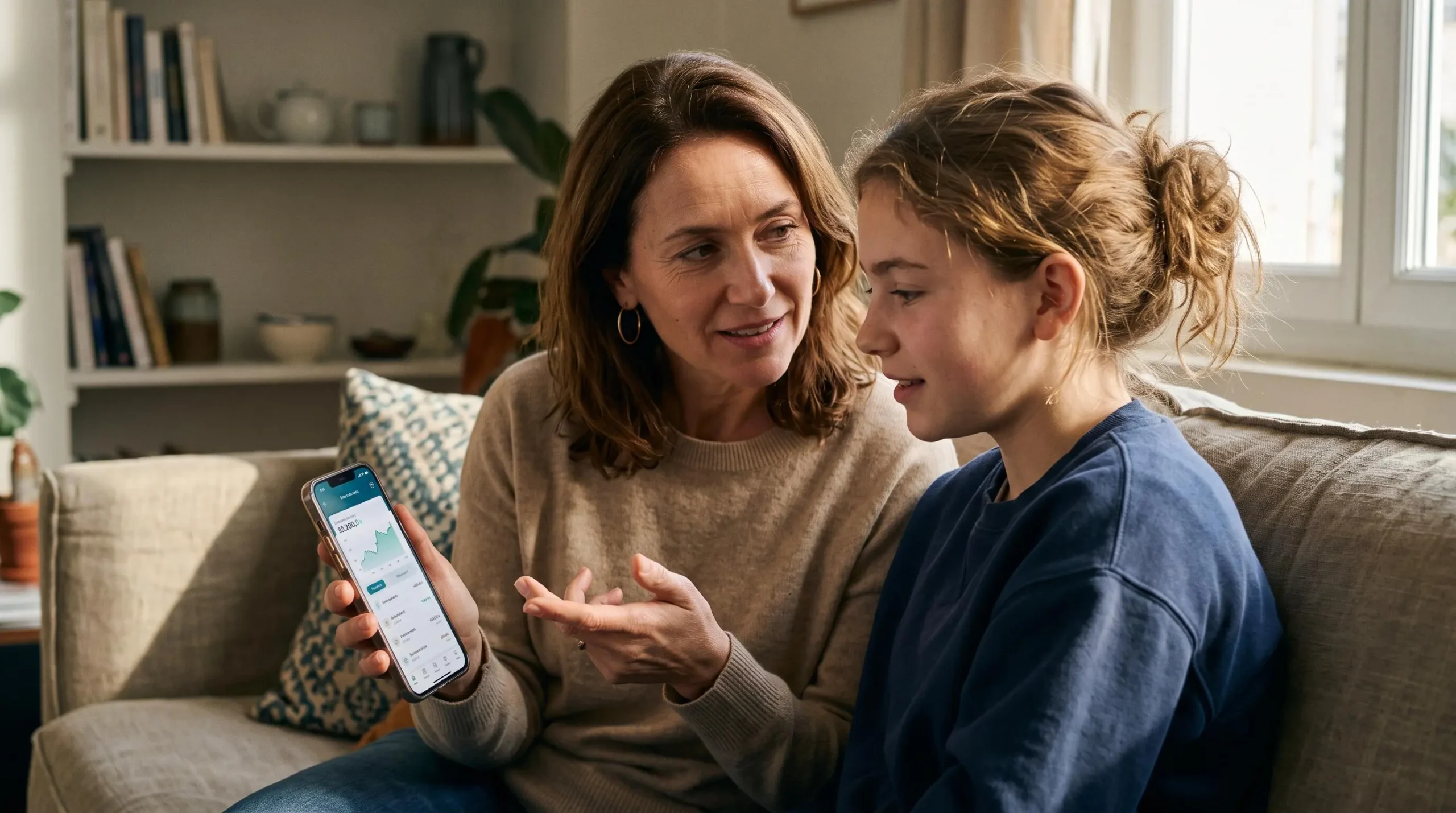 Un parent et son adolescent consultent ensemble une application bancaire sur un smartphone, assis dans leur salon